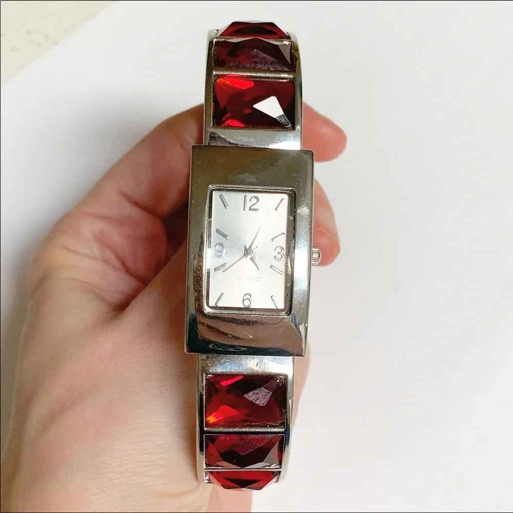 Red silver rhinestone hinged bracelet watch